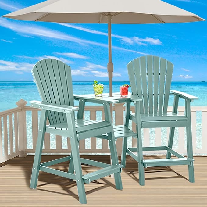 Tall Adirondack Chairs Set of 8, HDPE Balcony Chair with Double Connecting Tray, Weather Resistant Outdoor Adirondack Bar Stools for Patio, Deck, Patio, Backyard, Balcony. (Lake Blue)