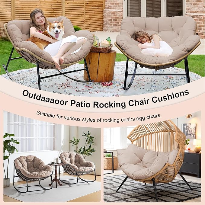Outdoor Rocking Chair Cushion – Waterproof Wicker Egg Chair Replacement Pad, Thick Papasan Seat Cushion with Ties for Indoor & Outdoor Patio, Porch, Balcony, or Garden (Khaki)