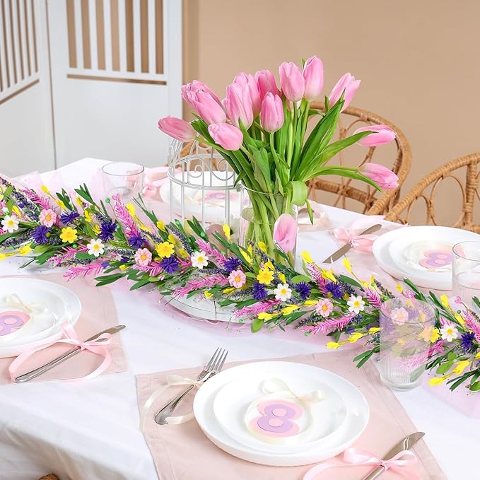 6.5 Ft Spring Summer Garland Artificial Wildflower Lavender Daisy Wisteria Wreath Swags Vine Floral Wreath Garland Fake Flower Greenery Eucalyptus Garland for Wedding Arch Porch Table Farmhouse Decor