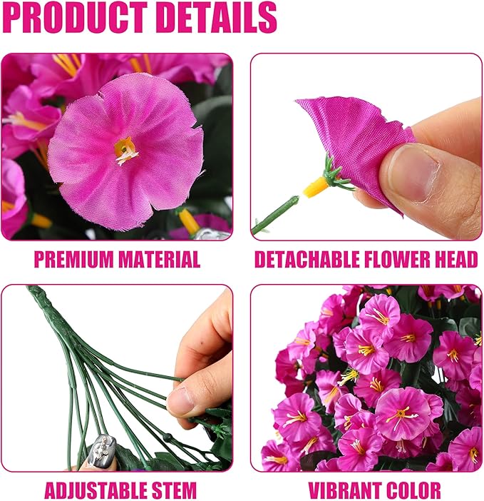 Sggvecsy Artificial Fake Hanging Flowers Plants for Outdoor Outside Spring Summer Decoration 4PCS Faux Silk UV Resistant Realistic Morning Glory Trailing Vines for Home Porch Patio Balcony(Purple red)