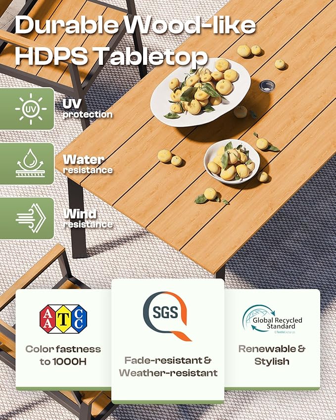 Outdoor Dining Set for 6, Patio Table and Chairs Set with Umbrella Hole, 7 Pieces HDPS + Aluminum Outdoor Furniture Sets for Patio, Garden (Gray & Teak)