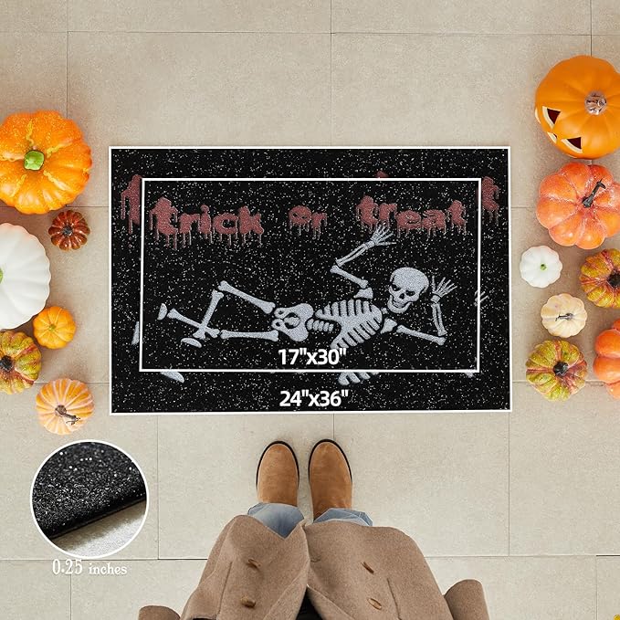 Skeleton Front Door Mat Indoor Outside Entrance, Heavy Duty Dirt Trapper Doormat with Non Slip Backing Entryway Mat for Front Back Door, 24'' x 36'', Skeleton Black