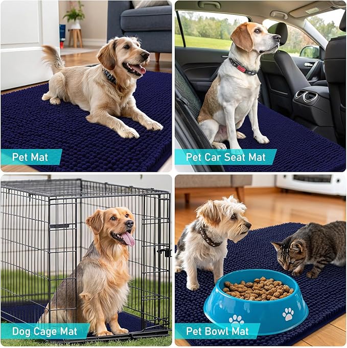 OLANLY Dog Door Mat for Muddy Paws 44x24, Absorbs Moisture and Dirt, Absorbent Non-Slip Washable Doormat, Quick Dry Chenille Mud Mat for Dogs, Entry Indoor Entryway Carpet for Inside Floor, Navy Blue