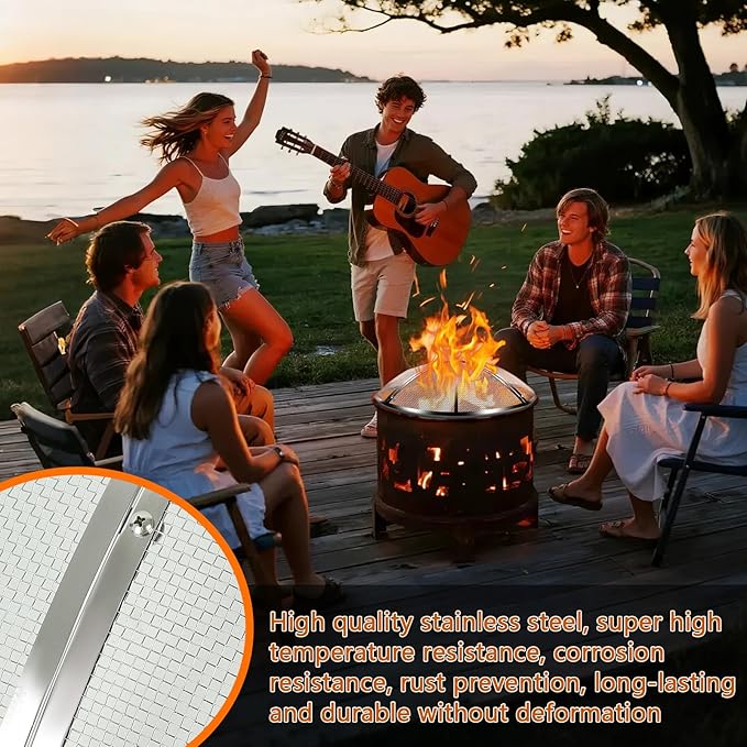 27 Inch Fire Pit Spark Screen,Stainless Steel Fire Pit Screen Cover with Handle&Poker,Outdoor Fire Pit Screen Cover Round Mesh Lid Heavy-Duty for Backyard/Beach/RV Camping