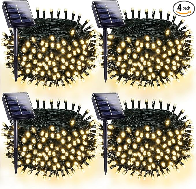 OZS 4 Pack 320LED Solar String Lights Outdoor, Waterproof 8 Modes Solar Tree Light, Green Wire Christmas Lights Outdoor for Garden, Party, Wedding, Christmas Decorations (Warm White)