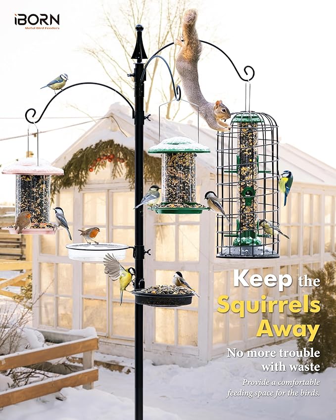 iBorn Bird Feeders Hanging-Squirrel & Pigeon Proof Bird Feeder, Heavy Duty All Metal Green 14 Inch, Outdoor for Mix Seed Blends & Garden