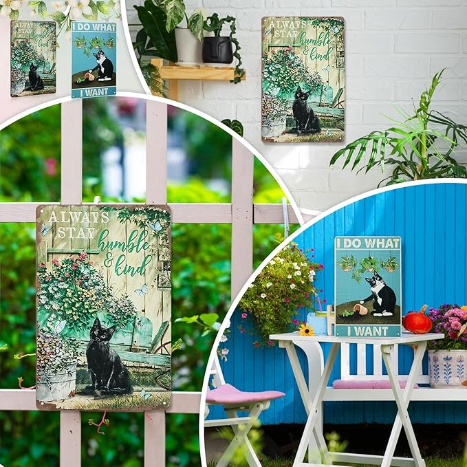 2 Pcs Funny Metal Tin Garden Sign 12'' x 8'' Gifts for Plant Lovers Women Grandma Mom Garden Decor Metal Tin Sign for Farmhouse Greenhouse Patio Yard Wall Decor Indoor Outdoor(Cute Cat)