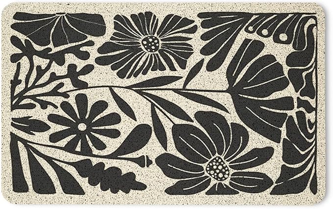Boho Beige and Black Floral Door Mat - Bohemian Neutral Floral Front Door Welcome Mats Outdoor Entrance, 17x30 Rug