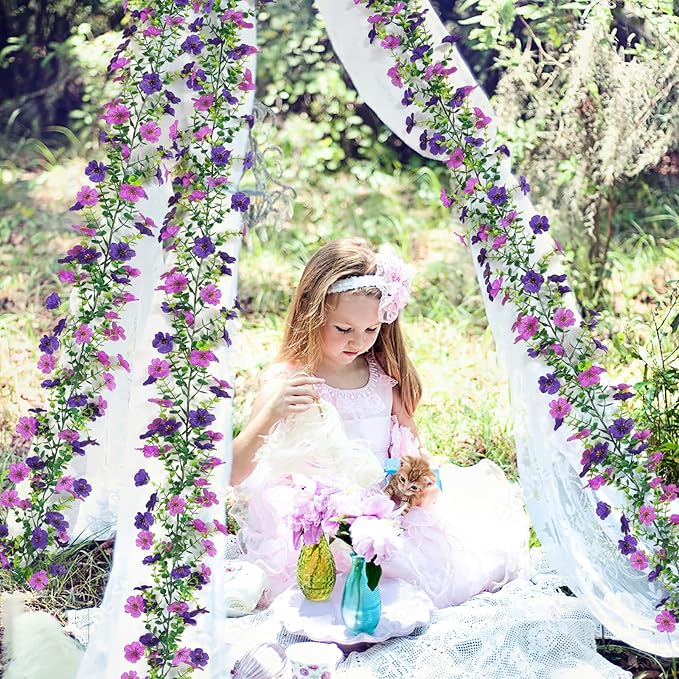 2 Pack Artificial Flowers Garland Ivy,Spring Summer Decor UV Resistant Fake Daisy Vines Floral Vine Silk Hanging Flower for Decor Home Garden Wedding Photo Booth Backdrop (Light Dark Purple)