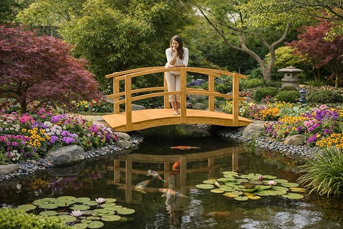 6 FT Oak Amish Made Garden Bridge with Double Rails for Walkway, Backyard Pond & Landscaping, Outdoor Wooden Footbridge for Koi Pond, Japanese Style Decorative Bridge, Made in USA
