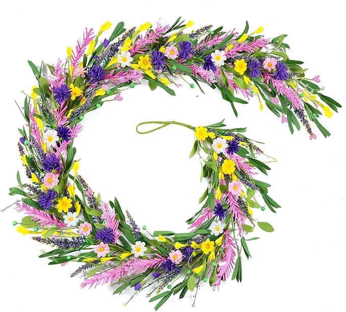 6.5 Ft Spring Summer Garland Artificial Wildflower Lavender Daisy Wisteria Wreath Swags Vine Floral Wreath Garland Fake Flower Greenery Eucalyptus Garland for Wedding Arch Porch Table Farmhouse Decor