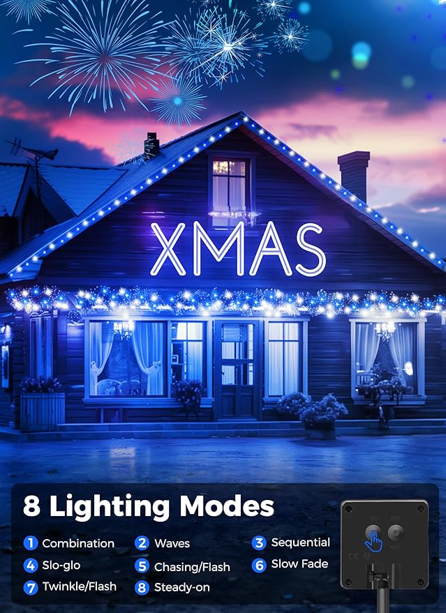 Minetom Solar Christmas Lights, 2 Pack Total 80FT 200 LED with 8 Modes, Outdoor Waterproof Decoration, Blue & Pure White