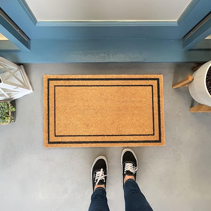 Welcome Doormats, Natural Coco Coir Mats with Non-Slip PVC Backing, Indoor Outdoor Mats for Home & Office, Floor Mats for Door Decor, Plain Entry Mat with Border, Beige & Black, 30"x17"