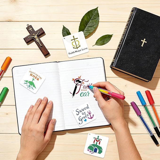 72 Pcs Christian Cross Stencils for Painting Set, Reusable Religious Jesus God Painting Templates - Christ Stencil Crafts Drawing Templates for DIY Scrapbook, Home Wall Murals, Canvas Wood Signs