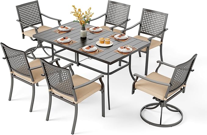 PHI VILLA 7 Pieces Outdoor Dining Set for 6, 59" Rectangle Metal Table with Umbrella Hole & Swivel Fixed Chairs with Cushions, Modern Wrought Iron Furniture for Patio, Deck, Yard, Porch