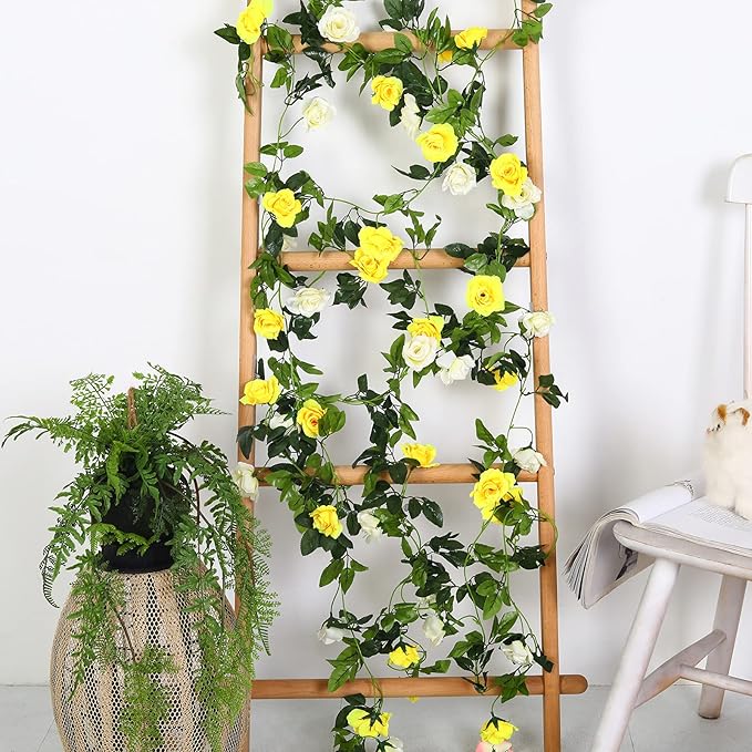 JUSTOYOU Artificial Rose Vines Yellow Flowers Garland Hanging Silk Rose Vine for Wedding Home Office Arch Arrangement Decoration 7.6FT(2PCS)