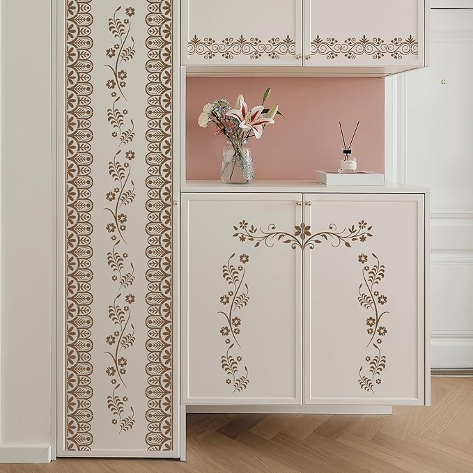 Flower Border Stencils for Painting - 12 Pcs Corner Border Stencils for Crafts Reusable, Mexican Art Floral Lace Stencil, Large Wall Stencil for Painting on Wood Wall Canvas