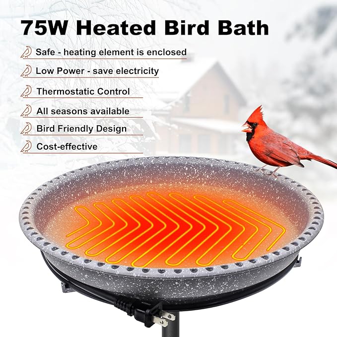 BIRD WISH Heated Bird Bath, Stable 5-Prong Metal Base Thermostat Control Weather Resistance All Seasons Available 75W Heated Bird Baths for Outdoors for Winter Garden Yard Patio Lawn, Spotted Grey