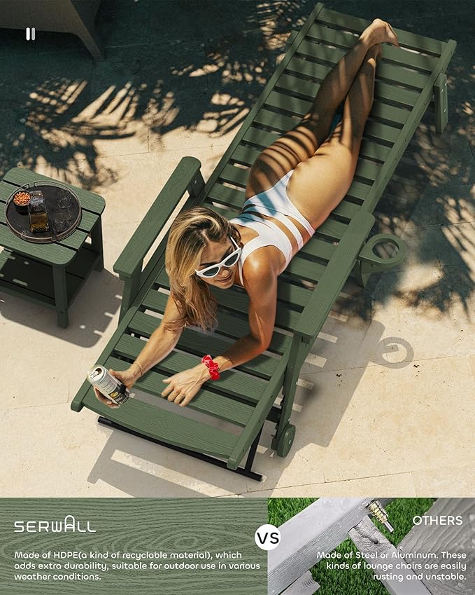 SERWALL Patio Chaise Lounge Chair, 78'' Long HDPE 5 Positions Adjustable Outdoor Lounger, Poly Lounge Chair with Rolling Wheels & Cup Holder for Pool, Avocado Green