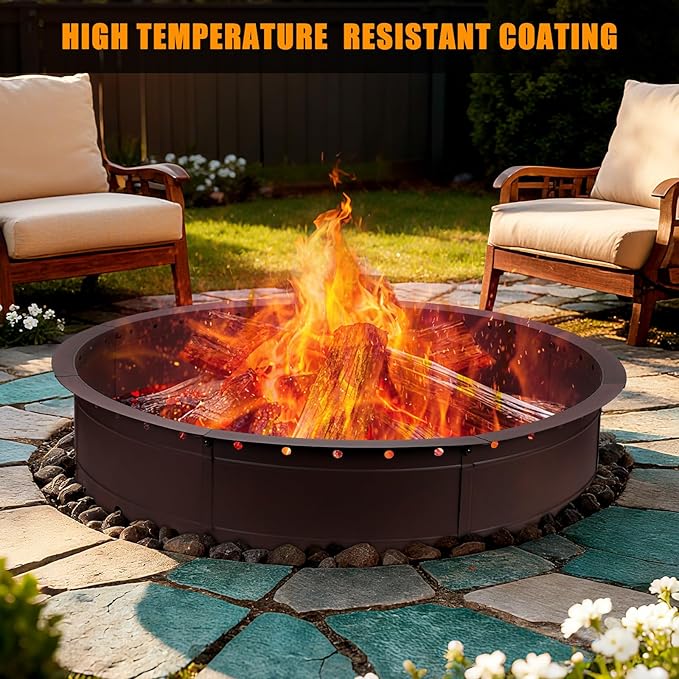 36 Inch Fire Pit Ring, Large Outdoor Campfire Pit for Patio Backyard Garden, Smokeless Steel Firepit with Air Vent for Efficient Burning & Anti-Rust Coating, Brown Steel