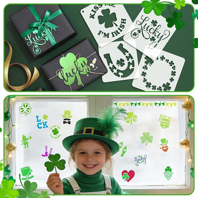 72 Pcs St Patricks Day Stencils for Painting Set, Reusable Shamrock Leaf Hat Beer Mugs Painting Templates - Stencil Crafts Drawing Templates for DIY Scrapbook, Home Wall Murals, Canvas Wood Signs