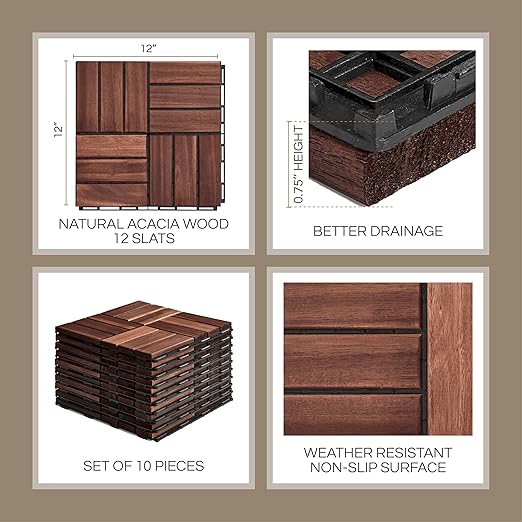 10 Pcs Deck Tiles, Patio Flooring - Outdoor Waterproof Acacia Wood Tiles for All Weather Use - Balcony, Backyard, Indoor & Outdoor (Dark Brown Crossed Pattern, 10 Square Ft)