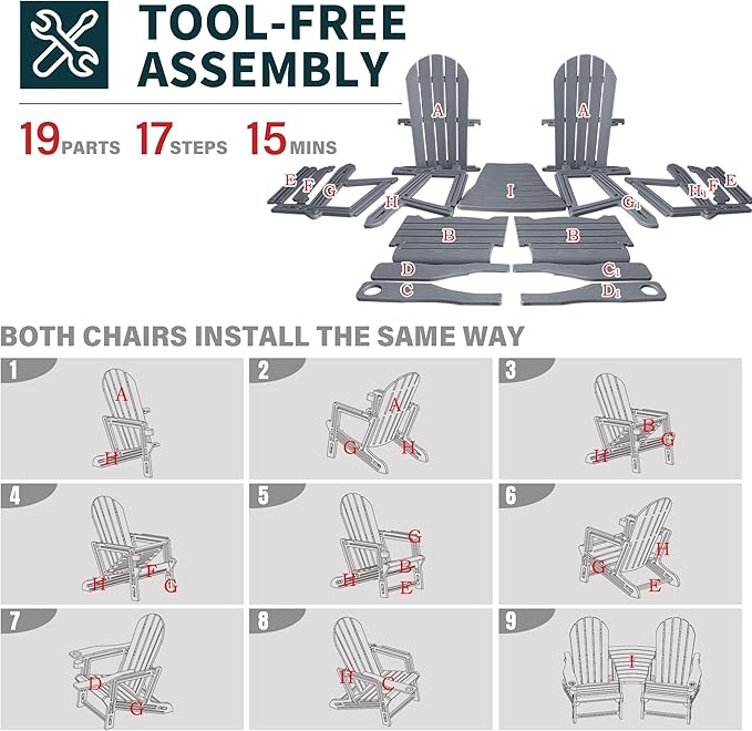 HDPE Adirondack Chairs Set of 2, All-Weather Patio Chairs,Wooden Textured Lawn Chair for Garden,Poolside, Backyard, Deck, Fire Pit,Grey