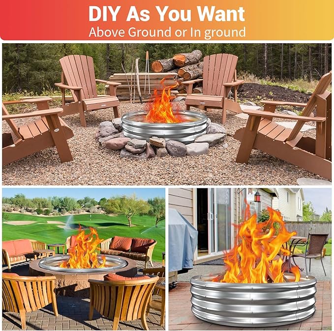 48In Fire Pit Ring, Heavy Duty Galvanized Steel Firepits Outside,Wood Burning,DIY In-Ground or Above-Ground Outdoor Fire Pit, Fireplace for Backyard Bonfire, Patio & Camping