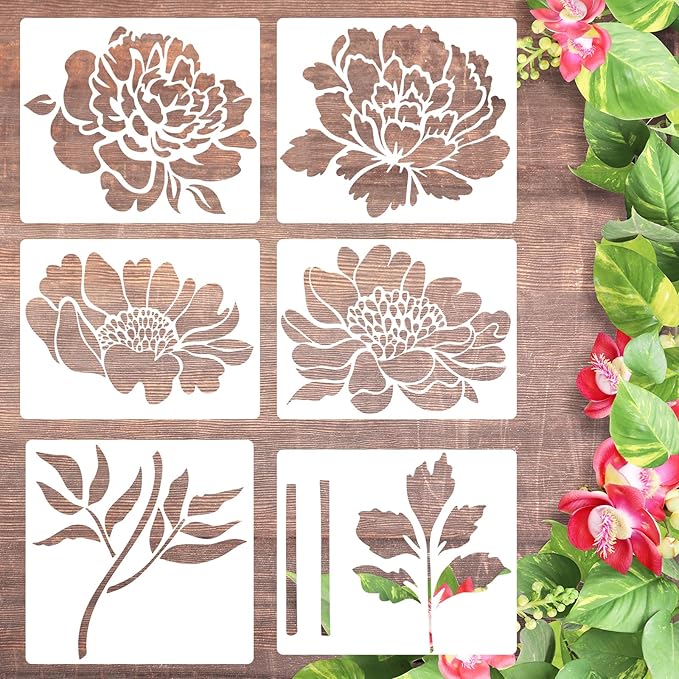 6 PCS Large Flower Stencils, Sunflower Peony Reusable Plastic Paint Templates for Painting on Wood, Floral Plant Stencils Set for Garden Fence Wall Mural Wood Furniture Fabrics Art DIY Craft Decor
