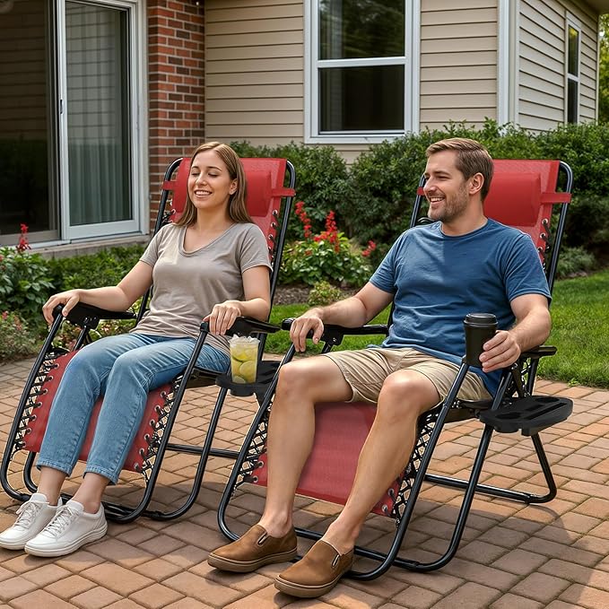 Magshion Zero Gravity Lounge Chairs Set of 2, Outdoor Patio Reclining Chair with Side Tray, Adjustable Anti-Gravity Recliners with Pillow Headrest, Folding Lounger for Lawn Camping Beach, Maroon