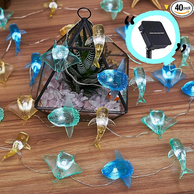 Outdoor Solar Garden Lights - Nautical Sea Life Decorative Fairy String Lights with 40 LED, 14ft Beach Tree Decor (Whale Shark, Sunfish, Manta Ray)