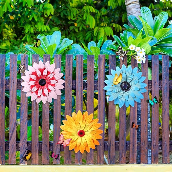 Hotop 3 Pcs Metal Flower Wall Art 3D Metal Daisy Wall Decor Multiple Layer Hanging Flower Rustic Farmhouse Boho Style Decorations for Indoor Outdoor Home Living Room Office Garden, 8 Inches(Stylish)