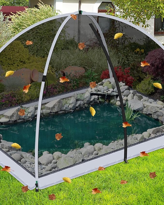 5 * 7ft Pond Cover Dome,Garden Pond Net Pond Mesh Tent with Ropes, Stakes and Fiberglass Poles, Pond and Garden Cover Protective Tent Dome Netting for Pond Pool and Garden