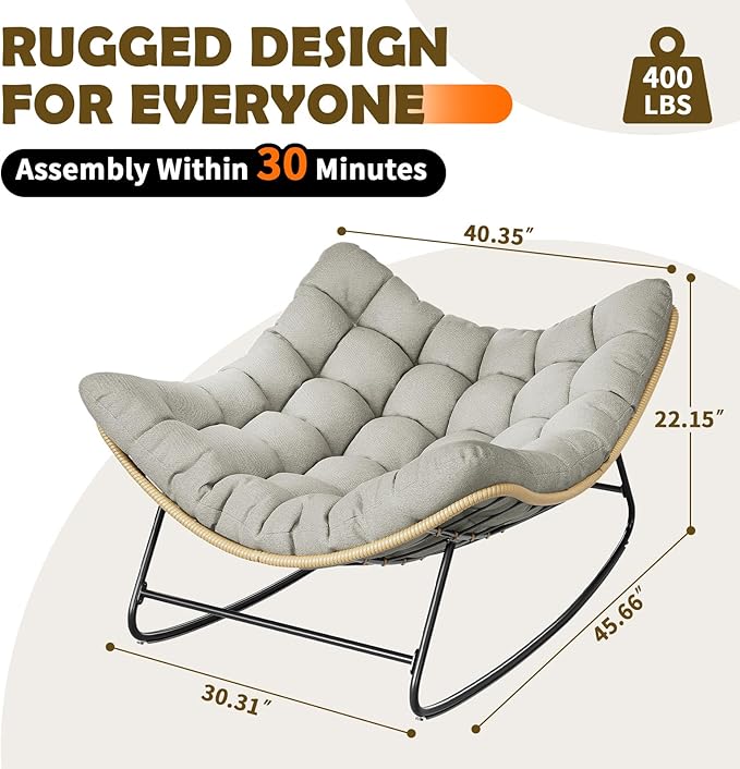 Outdoor Rocking Chair, Indoor Papasan Chair, Oversized Egg Rocking Chair with Thick Cushion, Rattan Wicker Rocker Lounge Chair for Bedroom, Living Room, Patio, Garden, Porch (Light Grey)