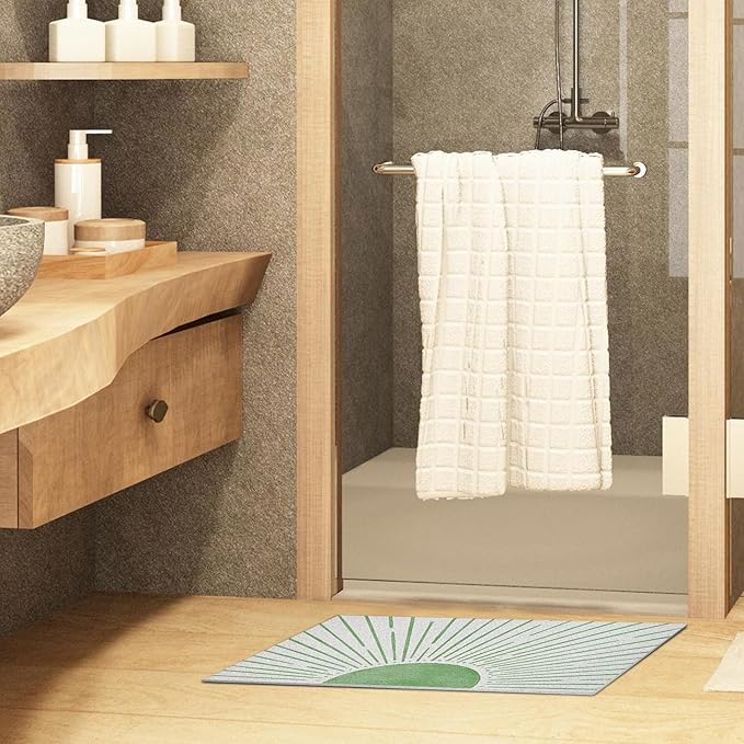 Nogrit Abstract Boho Sun Door Mat, Minimalist Green Sunshine Sunray Doormat Bathmat for Indoor Outdoor Entrance, Mid Century Modern Boho Welcome Mats for Front Door Porch Entryway, 17x30 Inches