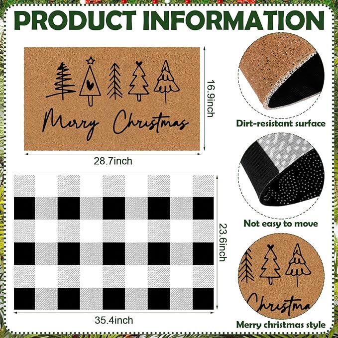 Tinideya 2 Pcs Merry Christmas Door Mat Xmas Tree Welcome Non Slip Coir Mats Heart Xmas Black White Buffalo Plaid Floor Layering Doormats Seasonal for Front Porch Entryway Decor(Christmas)