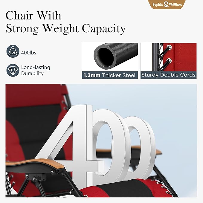 Sophia & William Oversized XXL Zero Gravity Chair, Padded Recliner Outdoor Gravity Chair with Free Cup Holder, Supports 400 LBS (Red)