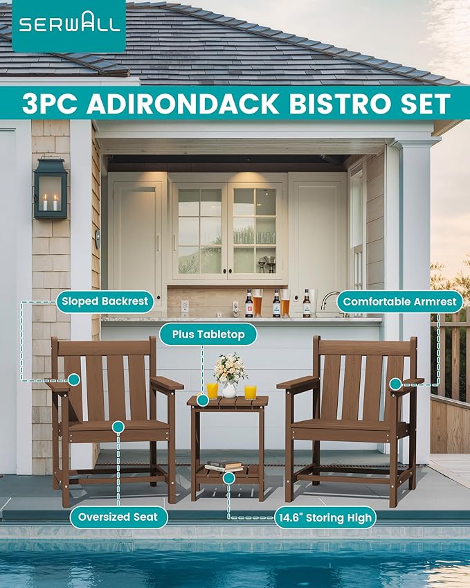 SEWRWALL Patio Furniture Set, HDPE Material All Weather Use Adirondack Chair Set with Side Table for Balcony, Porch, Garden, Backyard- Brown