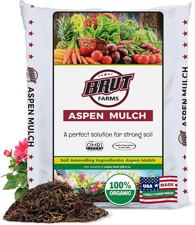 Brut Organic Aspen Mulch – 1 Cubic Foot, Natural Moisture Retainer & Root Protector – Odor-Free, Nutrient-Rich Bark Mulch for Landscaping, Garden Beds & Potted Plants
