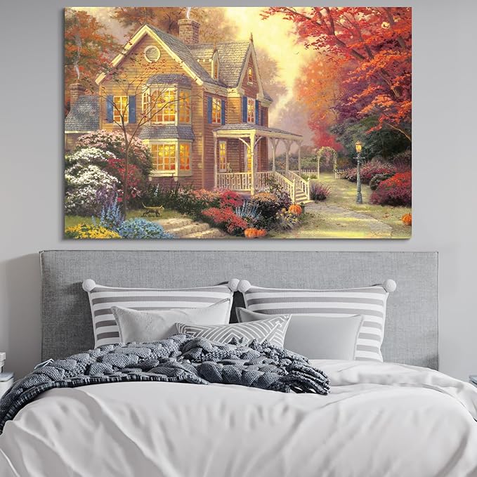 STUDIO HAVEN Thomas Kinkade Canvas Wall Art, Autumn Cottage with Glowing Windows Flower Garden Pumpkins and Cat Oil Painting Poster Cozy Fall Wall Decor, Framed Prints for Home Decor, 40x28Inch