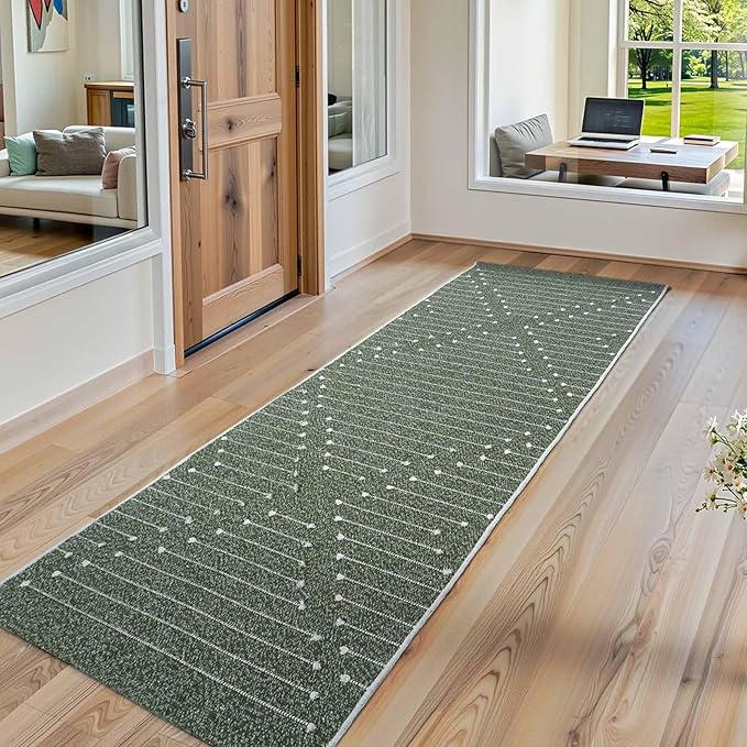 LIVEBOX 2x6 Green Entryway Runner Rug, Hallway Kitchen Cotton Woven Runners, Washable Narrow Rugs for Laundry Room (Dark Green & White)