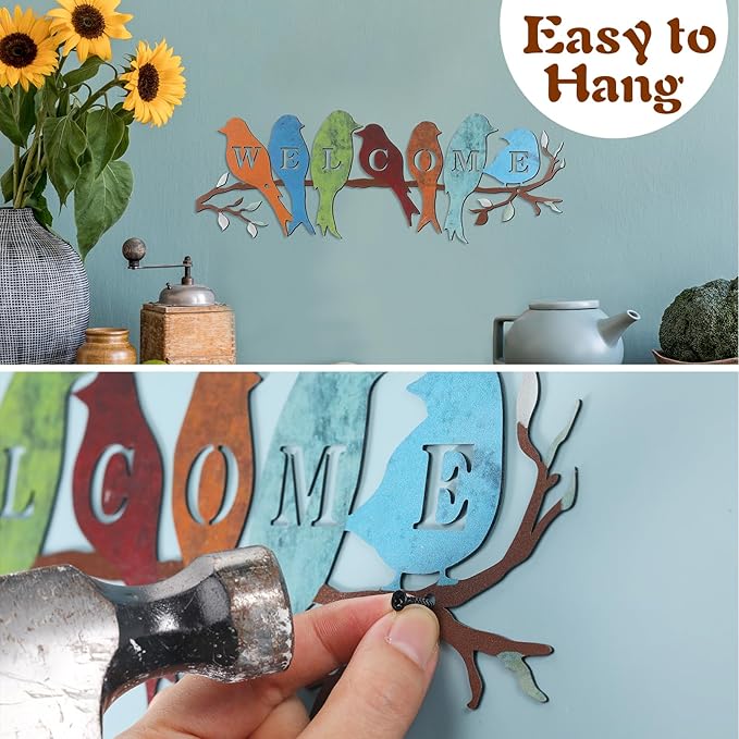 Peryiter Bird Wall Art Birds on Branch Welcome Sign Hanging Outdoor Metal Wall Decor Welcome Signs for Porch Vivid Statue Welcome Wall Decor Tree Silhouette for Bedroom Garden(Rustic Colors)