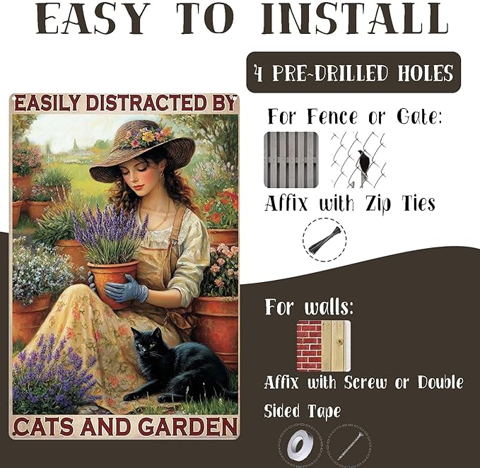 Vintage Garden Metal Tin Signs Easily Distracted By Cats and Garden Funny Tin Sign Rustic Indoor Outdoor Wall Decor for Home Yard Farmhouse Greenhouse Patio Porch Bar 8×12 Inch