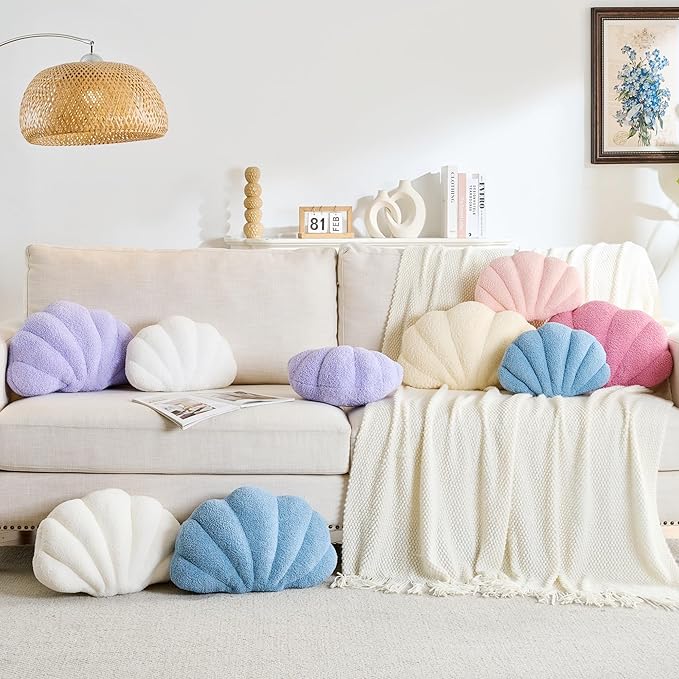 Shell Pillow Seashell Decorative Pillow Purple Beachy Coastal Shell Shaped Throw Pillows 18x13 Inch Soft Ocean Beach Sea Shell Plush Pillows Cushion for Bed Couch Living Sofa Room Decor