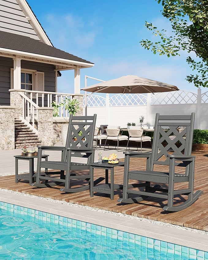 GarveeLife Outdoor Rocking Chair Set of 2 with Side Table, HDPE Weather Resistant Patio Rocking Chair Porch Rocker with Wood Texture & 380 LBS Support for Deck, Pool, Backyard, Gray