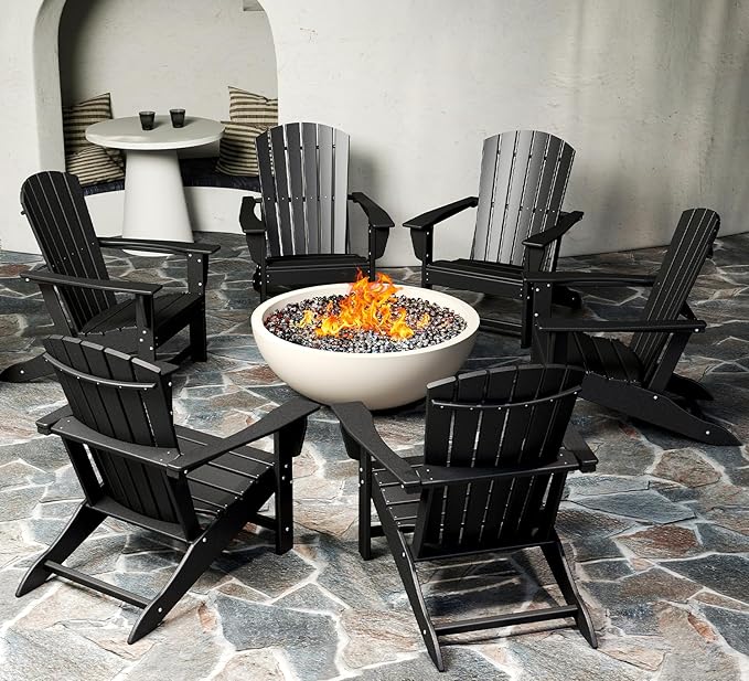 BRIOPAWS Adirondack-Chairs-Set of 6 | Fire Pit Chair | Oversized | HDPE Plastic | Weather Resistant | for Deck Outdoor Poolside Campfire | Black