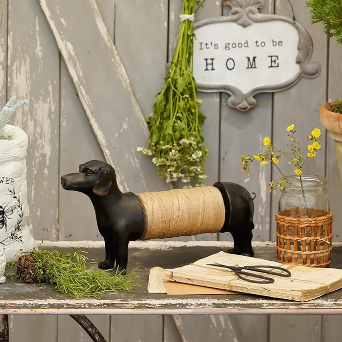 SOFFEE DESIGN Black Dachshund Twine Holder Ceramic Tray, Cute Kitchen Counter Organizer for Scissors Keys, Dog Lover Gift