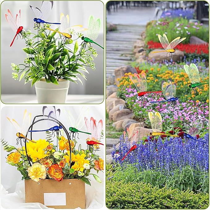 24 Pieces 3D Dragonfly Garden Decor Dragon Fly Garden Stakes Dragonflies Garden Ornaments Patio Decoration Dragonfly Stakes with Sticks, 4 Colors