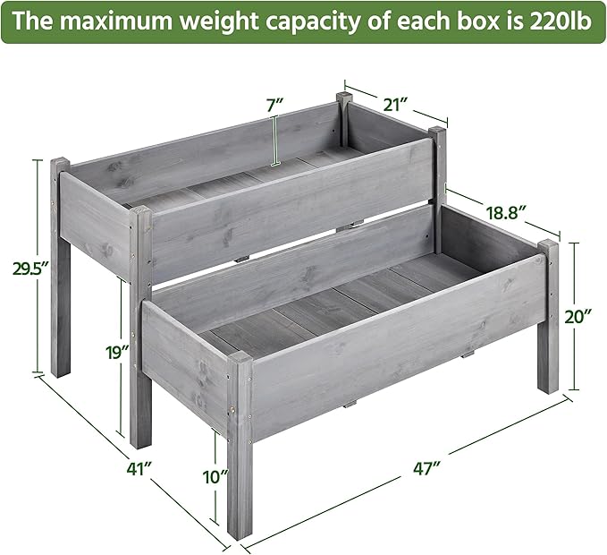 Yaheetech 47x41x30in Wooden Raised Garden Bed Horticulture Outdoor 2 Tiers Elevated Planter Grow Box for Herb with Legs & Drainage Holes, Gray