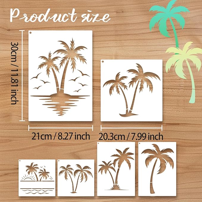 6 Pcs Palm Tree Stencils, 8.26x11.8inch Reusable Beach Stencils for Painting On Wood, DIY Paint Palm Tree Stencil for Craft, Wall Home Decor, Canvas, Walls (D)